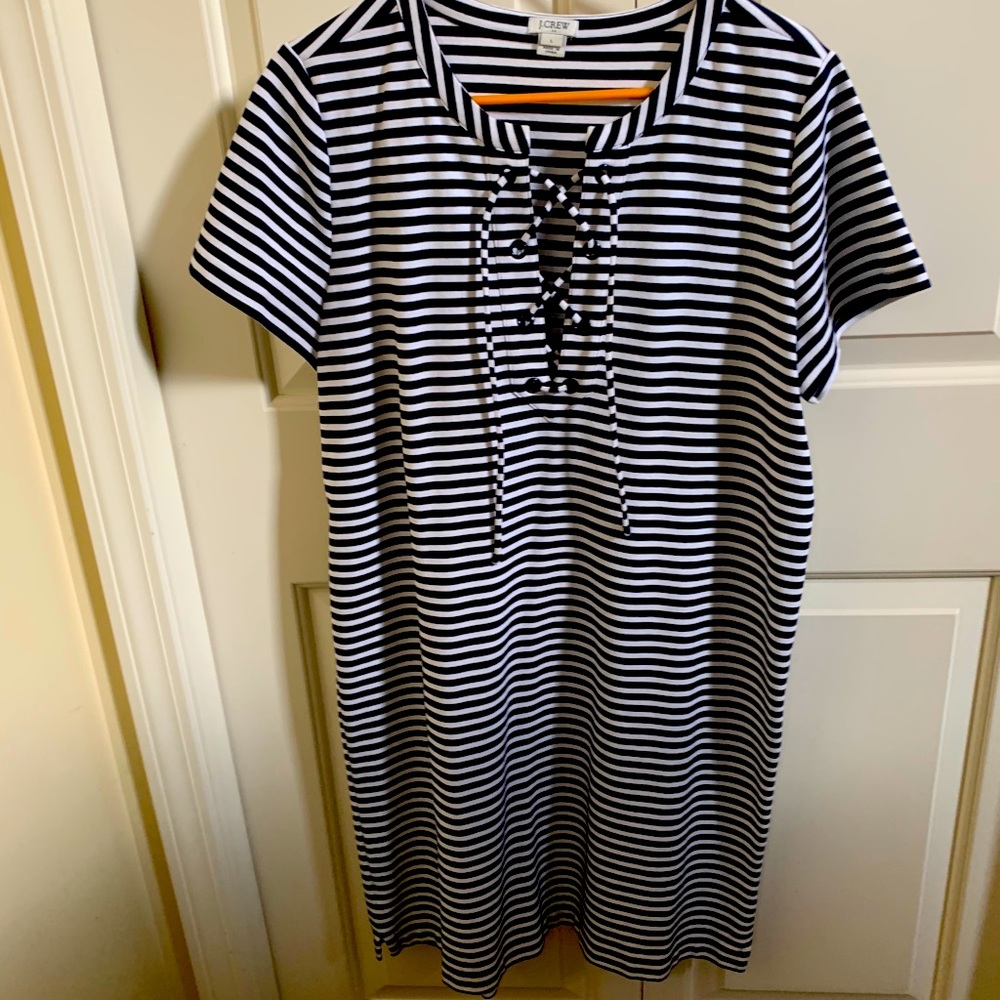 J Crew navy and white stripe, lace up dress.